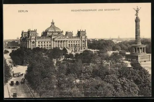 AK Berlin, Reichstagsgebäude und Siegessäule mit Pferdebahn