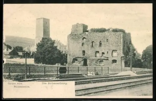 AK Rüdesheim / Rhein, Brömserburg von den Bahnschienen aus
