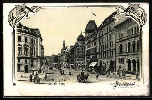 Lithographie Budapest, Josefs-Ring mit Strassenbahn, Jugendstil-Rahmen