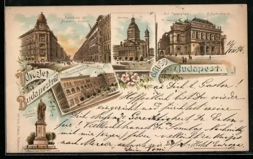 Lithographie Budapest, Andrassy-Strasse, Basilika und K. Opernhaus