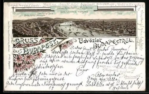 Lithographie Budapest, Donau, Kettenbrücke und Marg.-Brücke