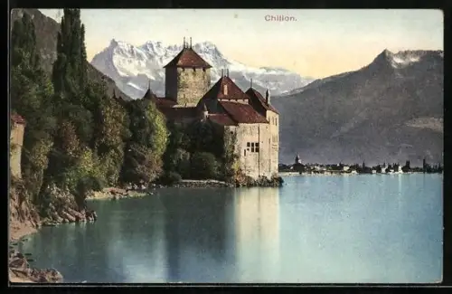 AK Chillon, Ortsansicht mit Schloss vom Wasser aus