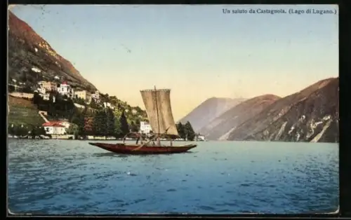 AK Castagnola, Ortsansicht vom Wasser mit Segelboot