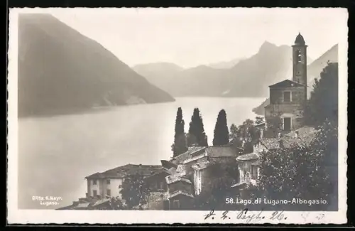 AK Albogasio /Lago di Lugano, Teilansicht mit Turm und See