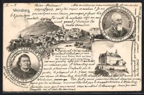 Künstler-AK Eugen Felle: Singen / Hohentwiel, Weinsberg, Burg Weibertreu, Porträts Justinus Kerner und Theobald Kerner