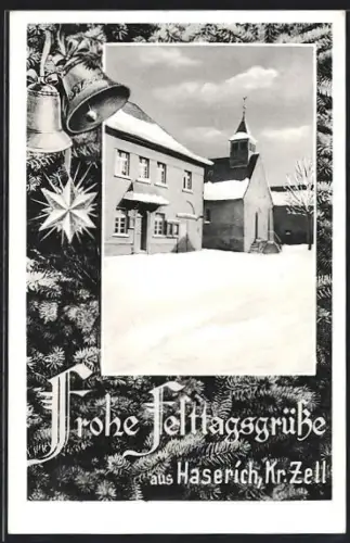 AK Haserich, verschneite Kirche, Winteransicht