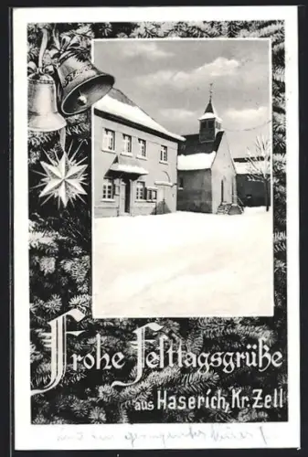 AK Haserich, Kirche und verschneite Ortsansicht