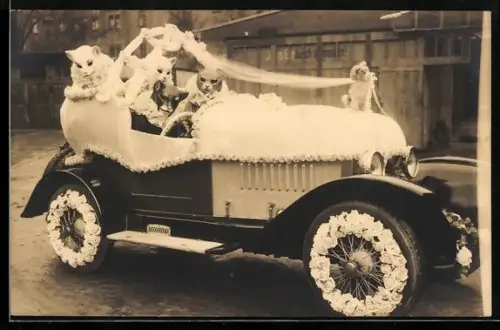 Foto-AK Geschmücktes Automobil mit maskiertem Fahrer und Fahrgästen beim Fasching 1928
