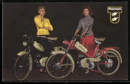 AK Paloma Mofa, Zwei junge Frauen bewerben das Motorrad, Reklame