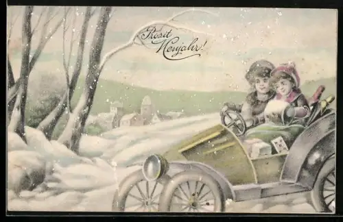Künstler-AK Junge und Mädchen im Auto in winterlicher Landschaft, Neujahrsgrüsse