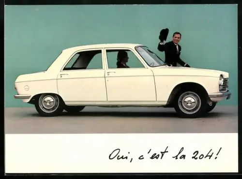 AK Auto Peugeot 204 und grüssender Herr mit Hut