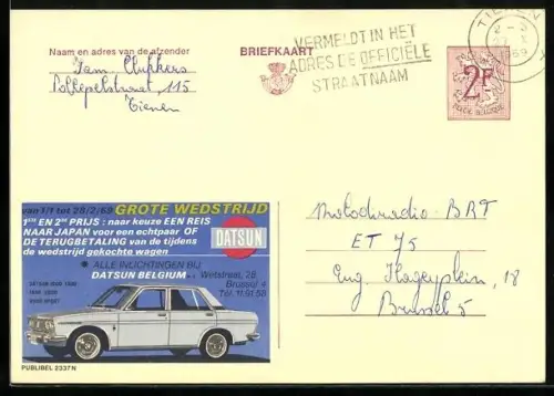 AK Auto Datsun, Verkaufsstelle in Belgien, Brüssel, Weststraat 28, Reklamekarte