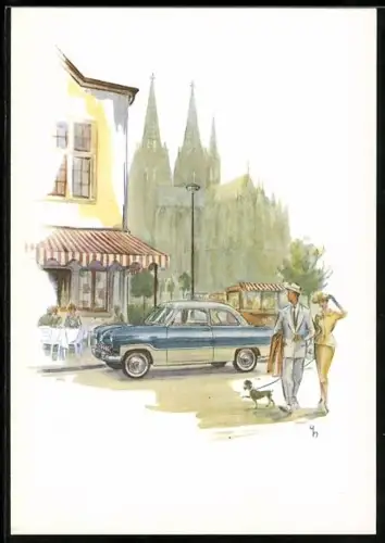 Künstler-AK Auto Ford mit dem Kölner Dom im Hintergrund