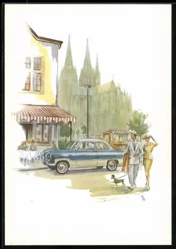 Künstler-AK Auto Ford mit dem Kölner Dom im Hintergrund