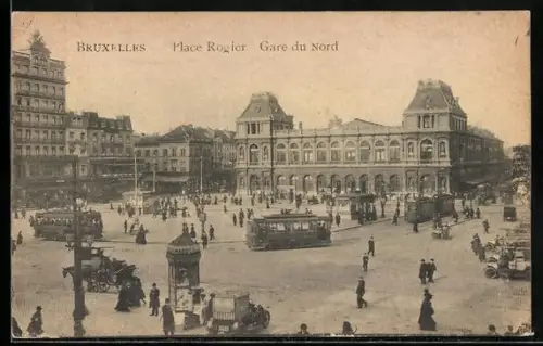 AK Bruxelles, Place Rogier, Gare du Nord, Strassenbahn