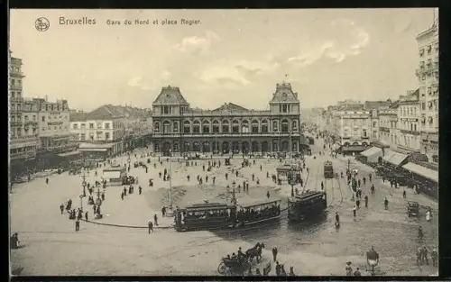 AK Brüssel / Bruxelles, Gare du Nord et place Rogier, North Station and Rogier Place, Strassenbahn vor dem Bahnhof