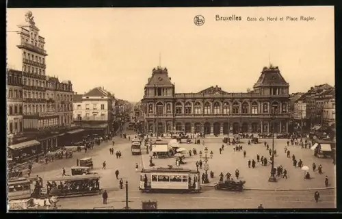 AK Brüssel / Bruxelles, Nordbahnhof mit Place Rogier und Strassenbahn