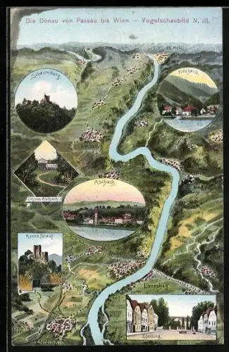 Künstler-AK Eugen Felle: Die Donau von Passau bis Linz mit Schaumburg, Ruine Stauf und Neuhaus