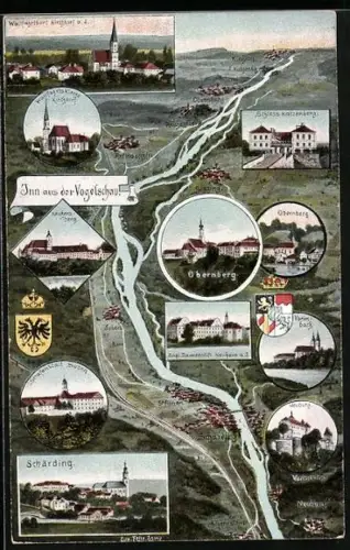 Künstler-AK Eugen Felle: Obernberg, Inn aus der Vogelschau mit seinen Ortschaften