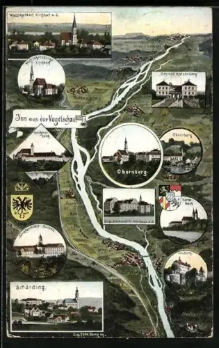 Künstler-AK Eugen Felle: Obernberg, Inn aus der Vogelschau mit seinen Ortschaften