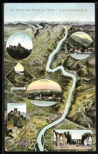 Künstler-AK Eugen Felle: Die Donau von Passau bis Linz mit Schaumburg, Ruine Stauf und Neuhaus