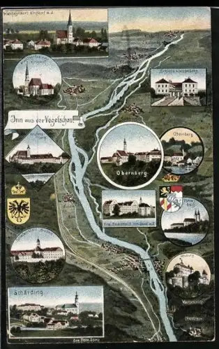 Künstler-AK Eugen Felle: Obernberg, Inn aus der Vogelschau mit seinen Ortschaften