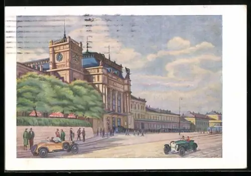 Künstler-AK Brünn, Partie am Bahnhof mit Autos