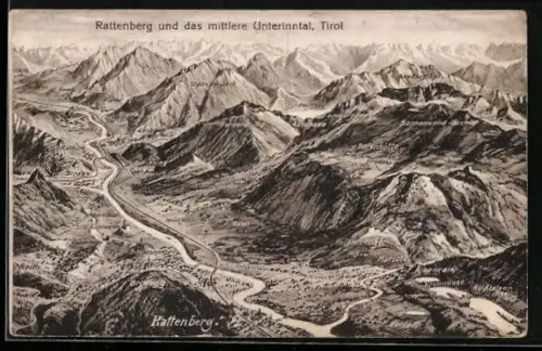 Künstler-AK Eugen Felle: Rattenberg, Panorama des mittleren Unterinntals mit Münster, Wiesing, Rotholz