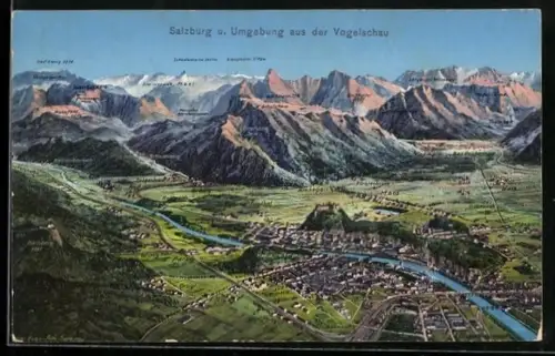 Künstler-AK Eugen Felle: Salzburg, Salzburg mit Moos, Himmelreich, Parsch aus der Vogelschau