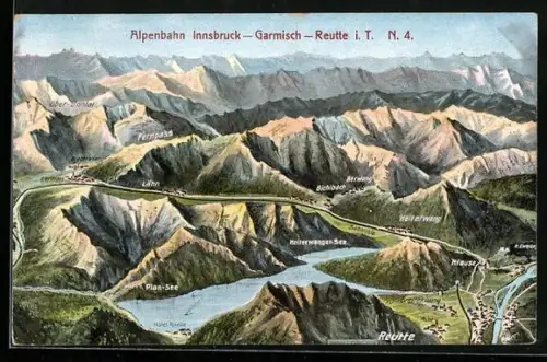 Künstler-AK Eugen Felle: Reutte, Totalansicht aus der Vogelschau miit Verlauf der Alpenbahn über Garmisch nach Innsbruck