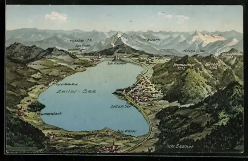 Künstler-AK Eugen Felle: Zell am See, Totalansicht mit See und Umgebung