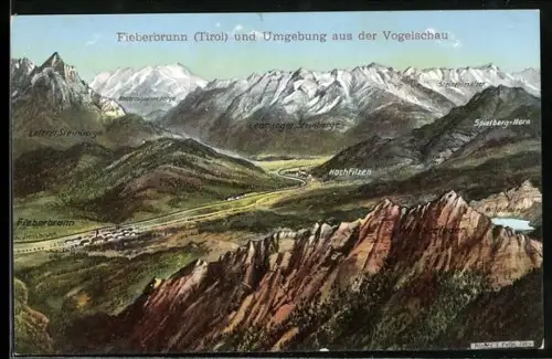 Künstler-AK Eugen Felle: Fieberbrunn /Loferer Steinberge, Blick ins Tal mit Hochfilzen, Wildalpsee, Spielberg-Horn