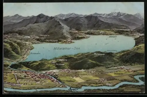 Künstler-AK Eugen Felle: Millstatt /Millstatter See, Ansicht mit Hochgosch, Spittal, Dellach