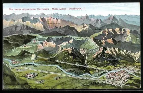 Künstler-AK Eugen Felle: Innsbruck, Die neue Alpenbahn Garmisch-Mittenwald-Innsbruck I