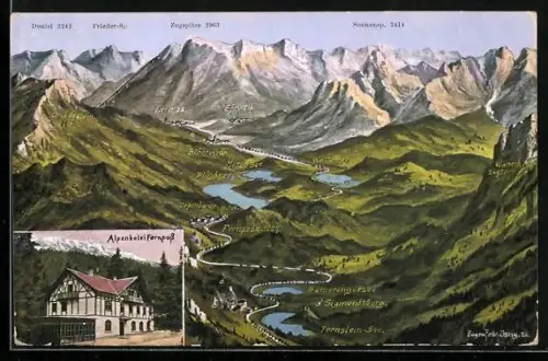 Künstler-AK Eugen Felle: Alpenhotel Fernpass, Panorama