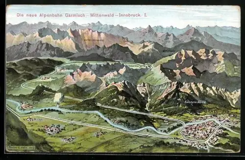 Künstler-AK Eugen Felle: Innsbruck, Die neue Alpenbahn Garmisch-Mittenwald-Innsbruck I