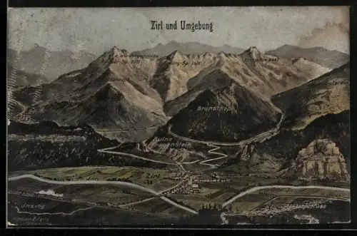 Künstler-AK Eugen Felle: Zirl /Inn, Innpartie mit Bahnhof Zirl, Inzing, Brunskopf