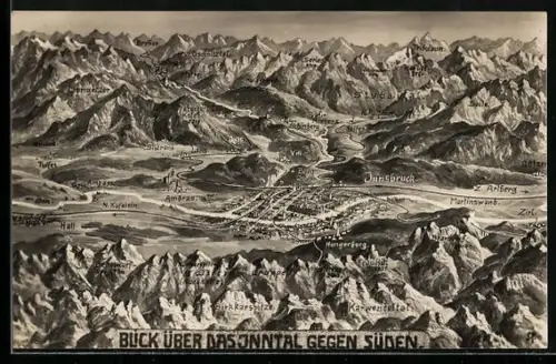 Künstler-AK Innsbruck, Landkarte des Inntals mit Alpenumgebung