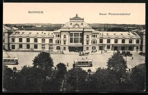 AK Budweis, Neuer Personenbahnhof mit Strassenbahn