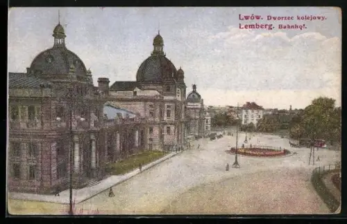 AK Lemberg, Bahnhof mit Vorplatz