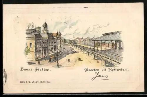 Lithographie Rotterdam, Beurs-Station, Bahnhof