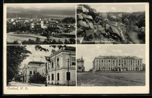 AK Gmünd /N. D., Hauptbahnhof, Oberschule, Felsenpartie beim Malerwinkel