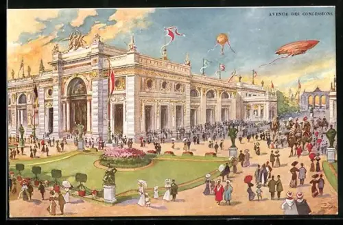 Künstler-AK Bruxelles, Exposition Universelle et Internationale 1910, Ausstellung mit Zeppelin