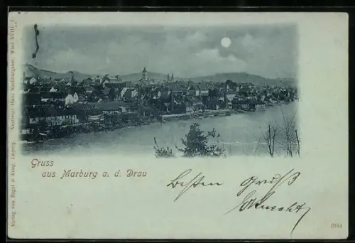 Mondschein-AK Marburg a. d. Drau, Panorama