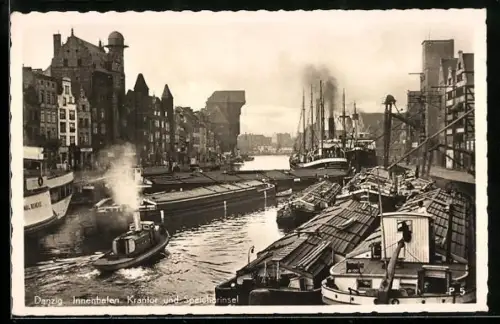 AK Danzig, Innenhafen, Krantor und Speicherinsel