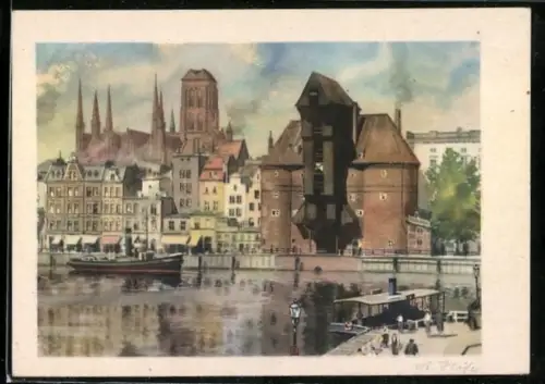 Künstler-AK Danzig-Gdansk, Krantor mit Dampfern
