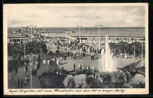 AK Zoppot, Kurgarten mit neuen Wandelhallen und Seesteg