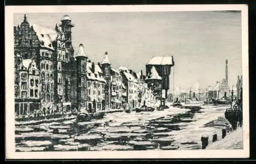 Künstler-AK Danzig, Lange Brücke im Winter