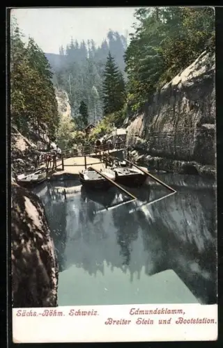 AK Edmundsklamm /Sächs.-Böhm.-Schweiz, Breiter Stein und Bootstation