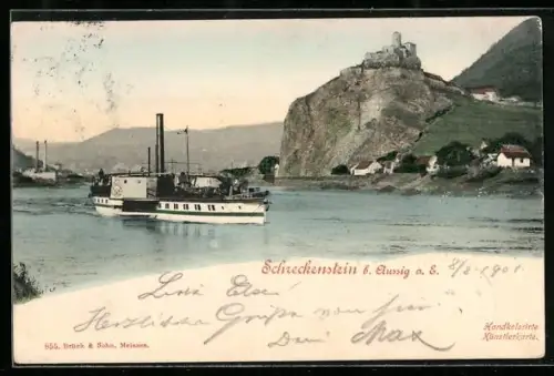 AK Aussig, Dampfer vor dem Schreckenstein